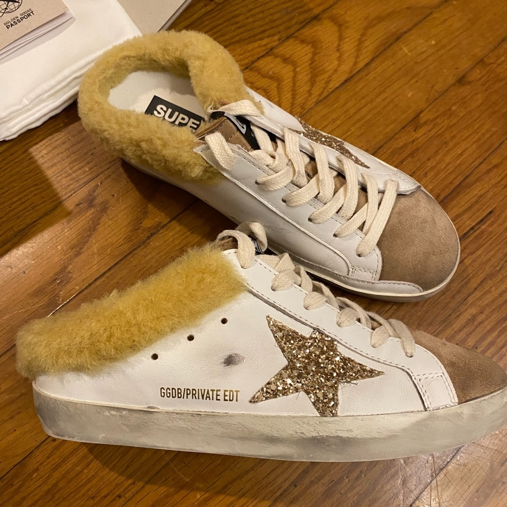 NEW Golden Goose Brown & White Shearling Super-Star Sabot Sneakers
